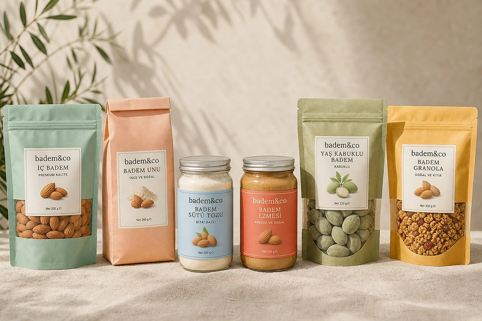 badem&co ürün ailesi yan yana: mint yeşili çiğ badem doypack’i, şeftali rengi badem unu paketi, gök mavisi cam kavanozda badem sütü tozu, mercan etiketli cam kavanozda badem ezmesi, lavanta bantlı adaçayı yeşili kese kâğıdında yaş kabuklu badem ve hardal sarısı badem granola paketi